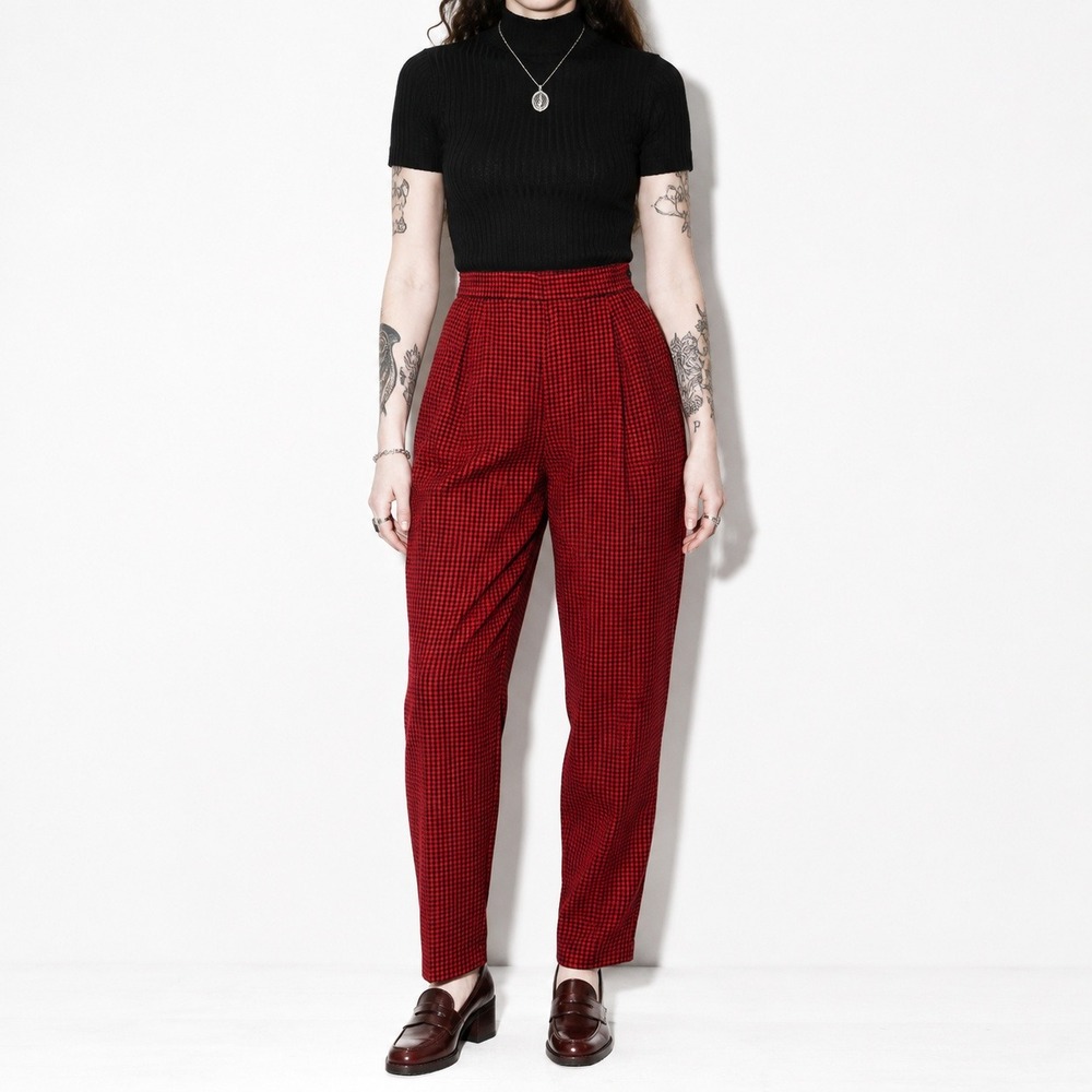 80s Vintage Susan Bristol Gingham Pants Womens 2 Red Black Check Plaid High Rise